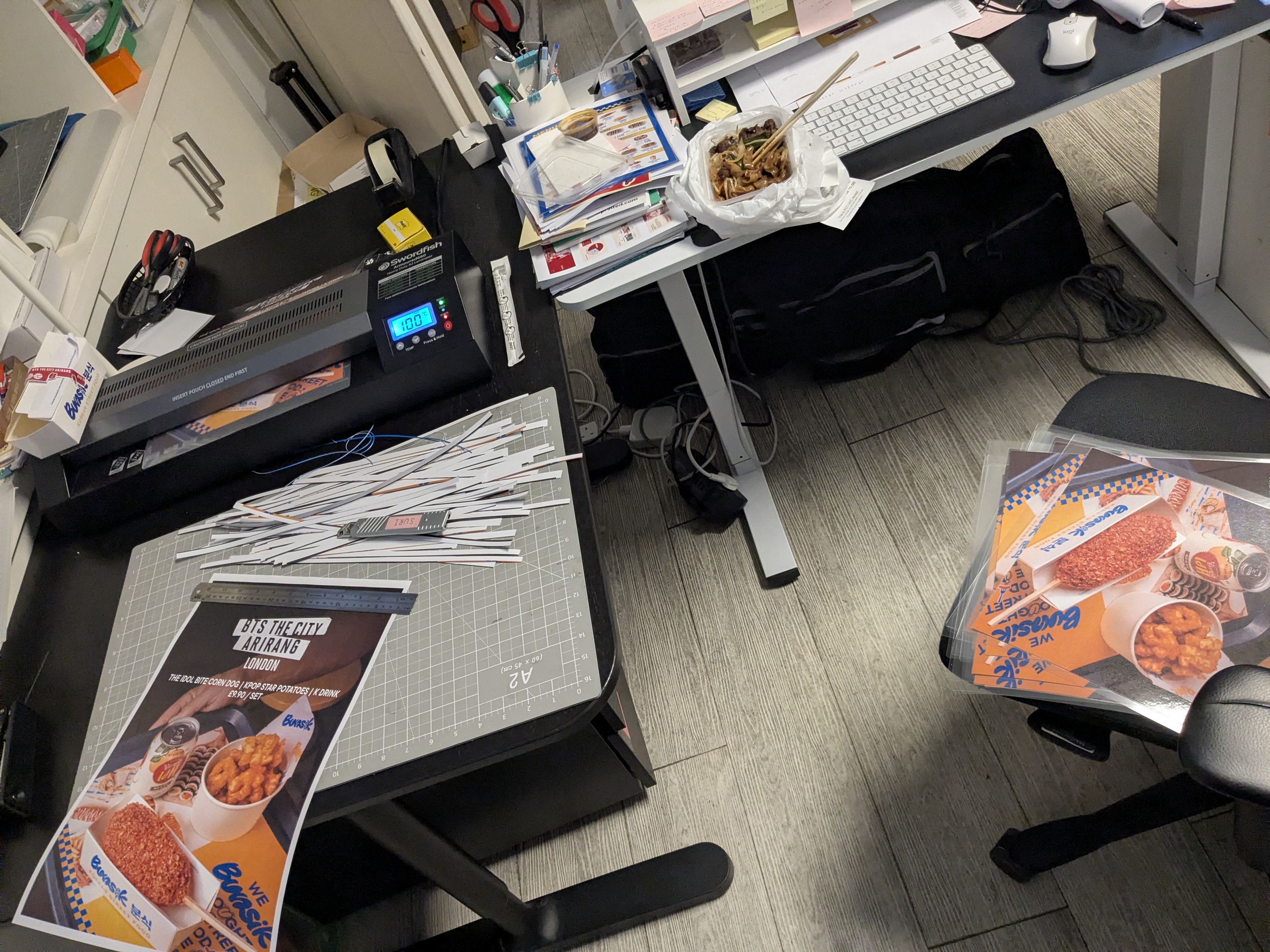 Office emergency production with laminator and cut materials