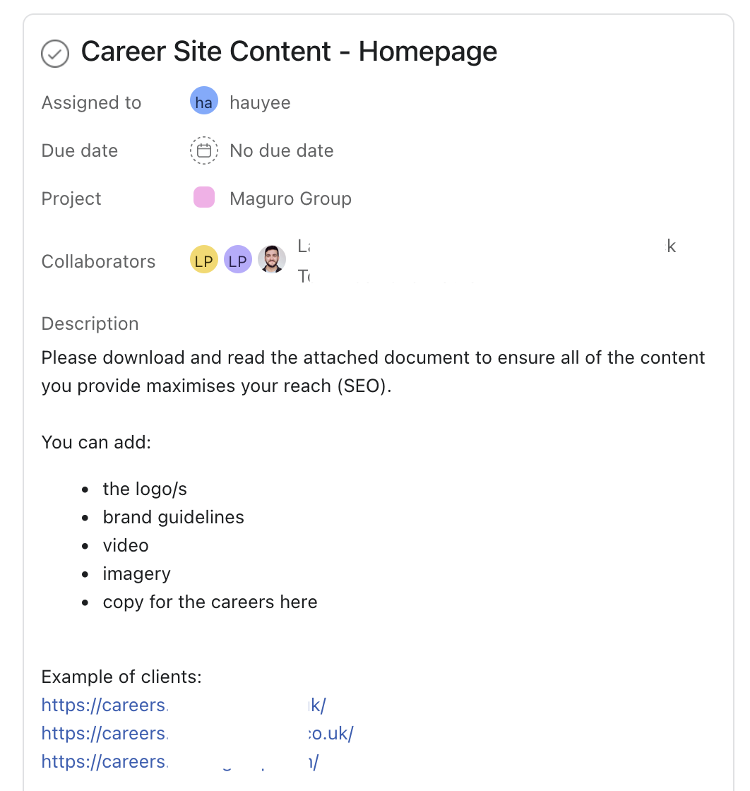 Career site project brief in task management system showing scope and collaborators