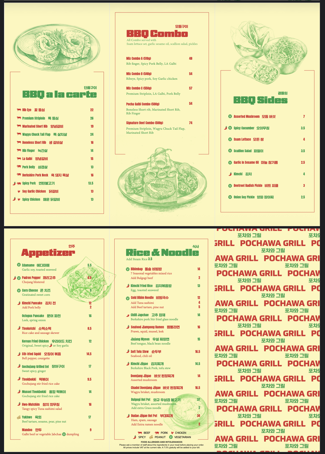 Final Pochawa Grill menu with bilingual naming and written descriptions