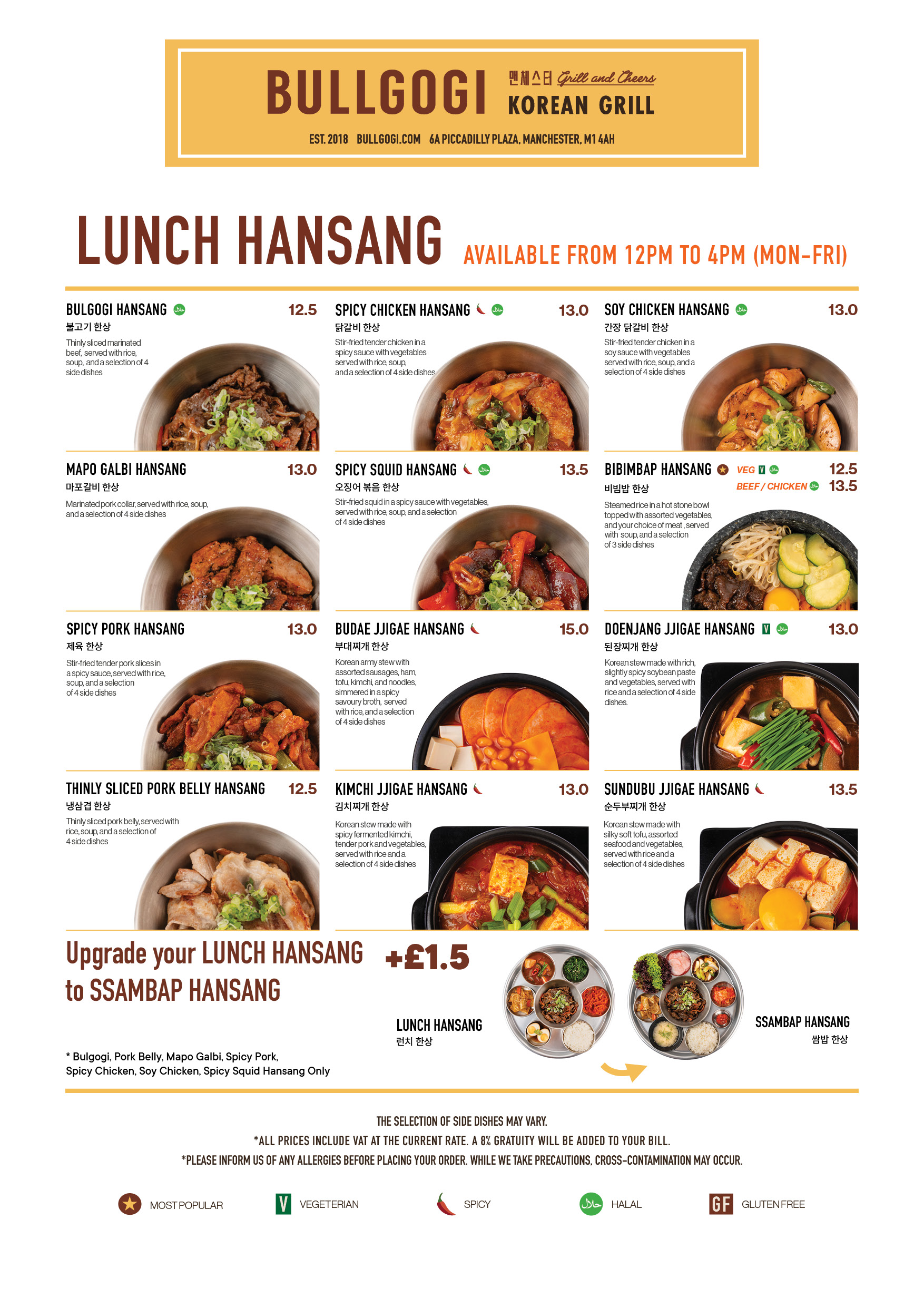 Bullgogi Manchester lunch window menu showing Hansang set meals