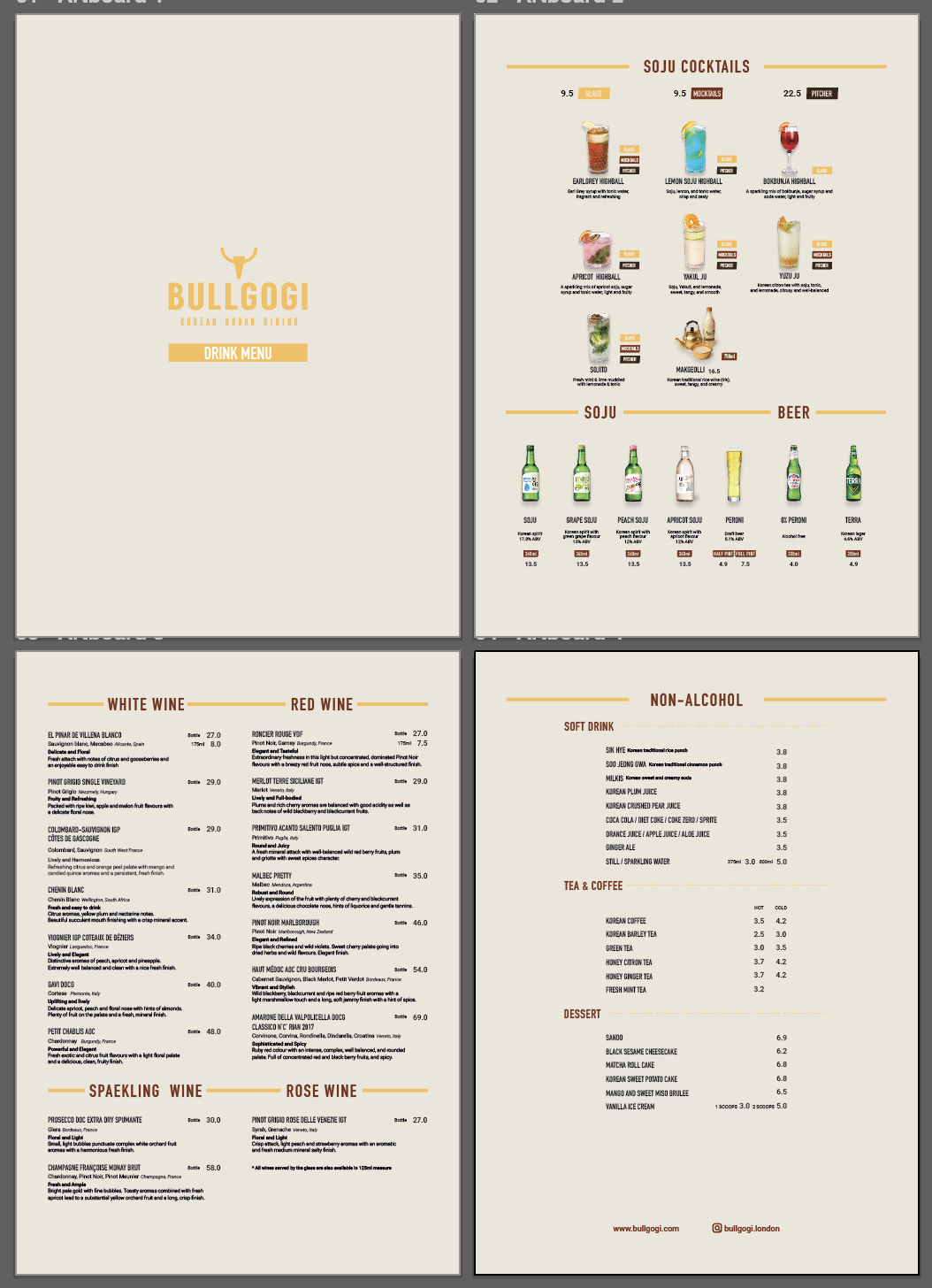 Bullgogi menu spread combining food photography with restrained visual identity