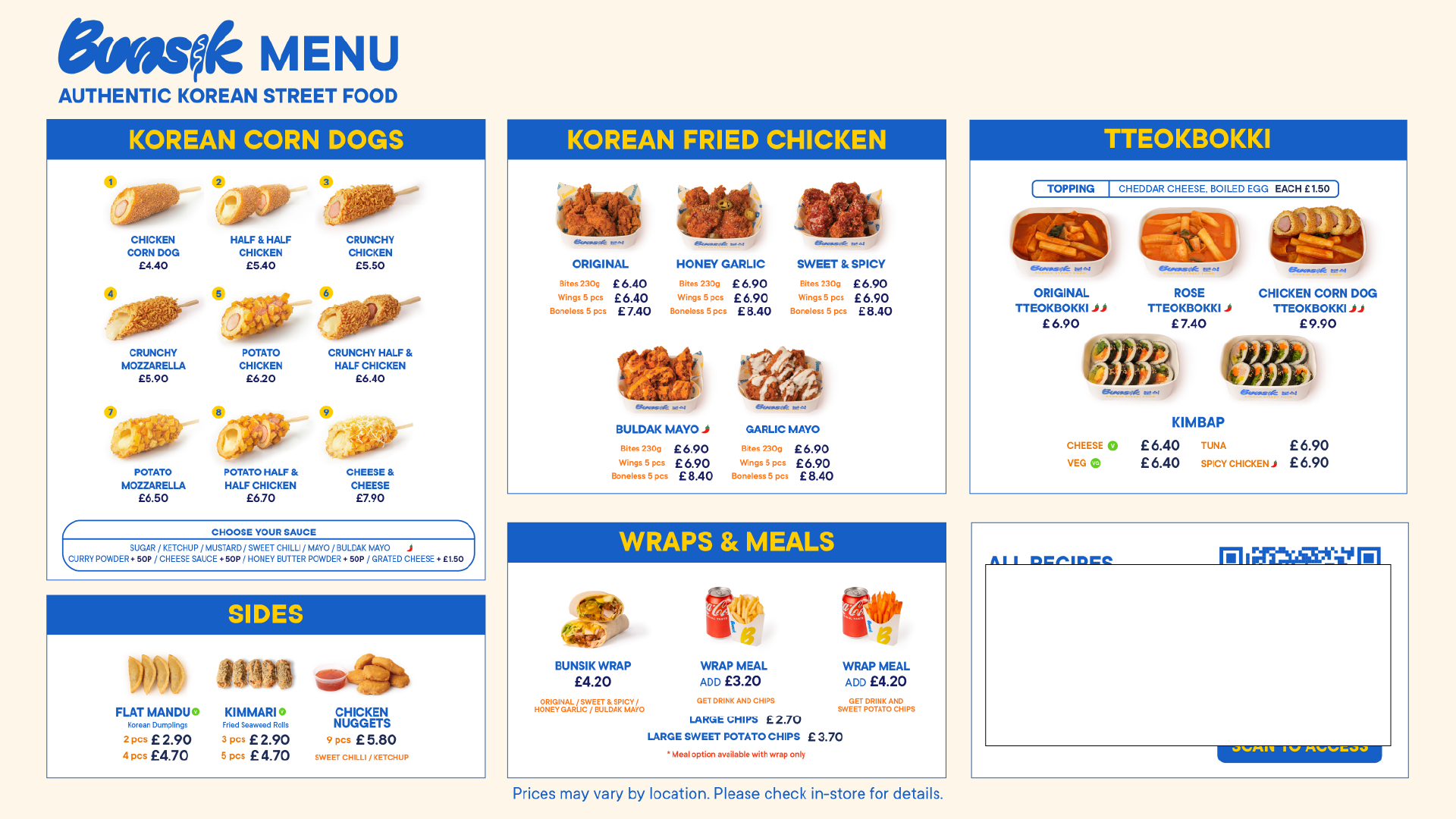 Bunsik menu spread with high product density and clear category separation