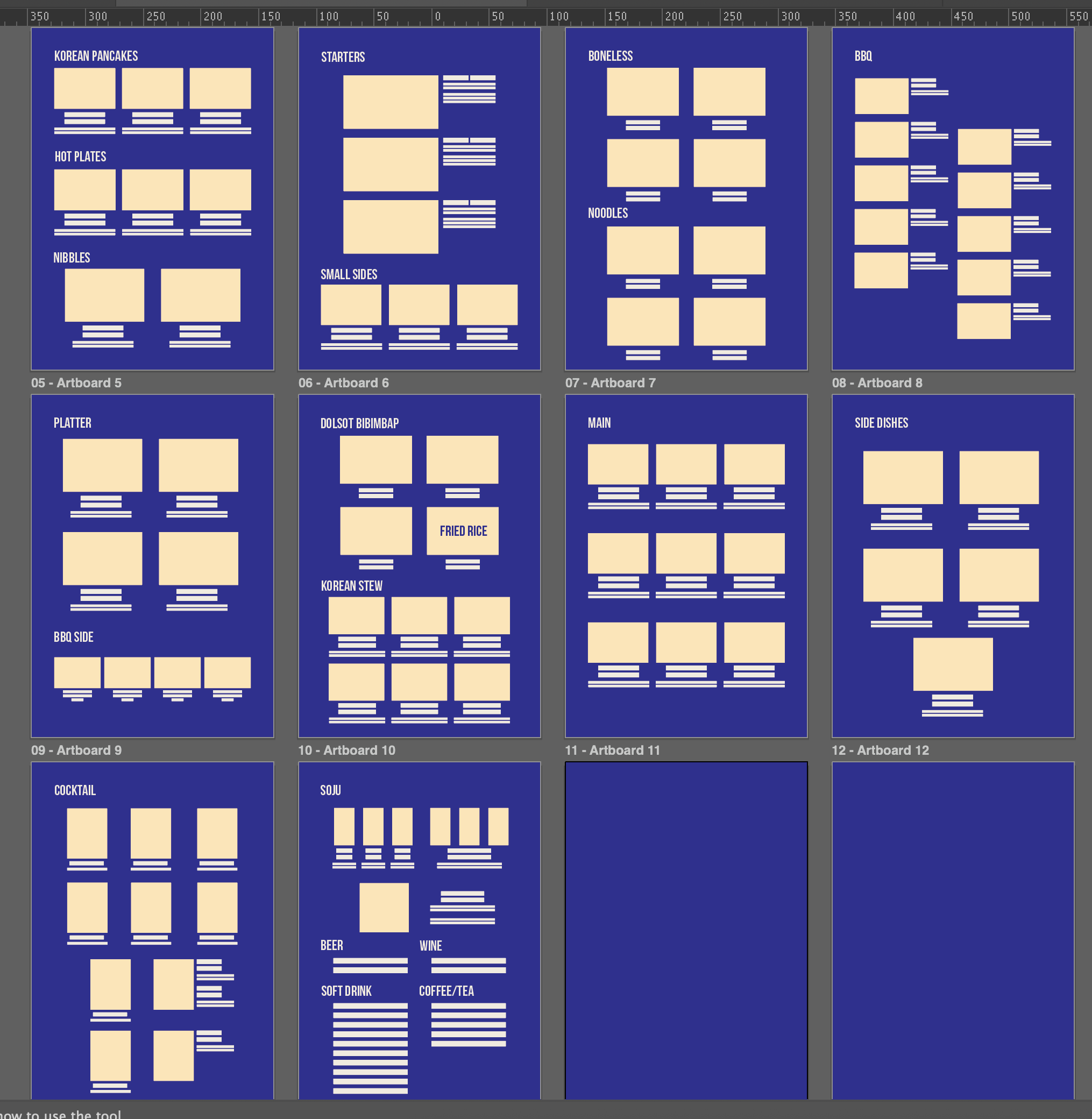 Menu content layout planning showing page allocation and category structure before photography
