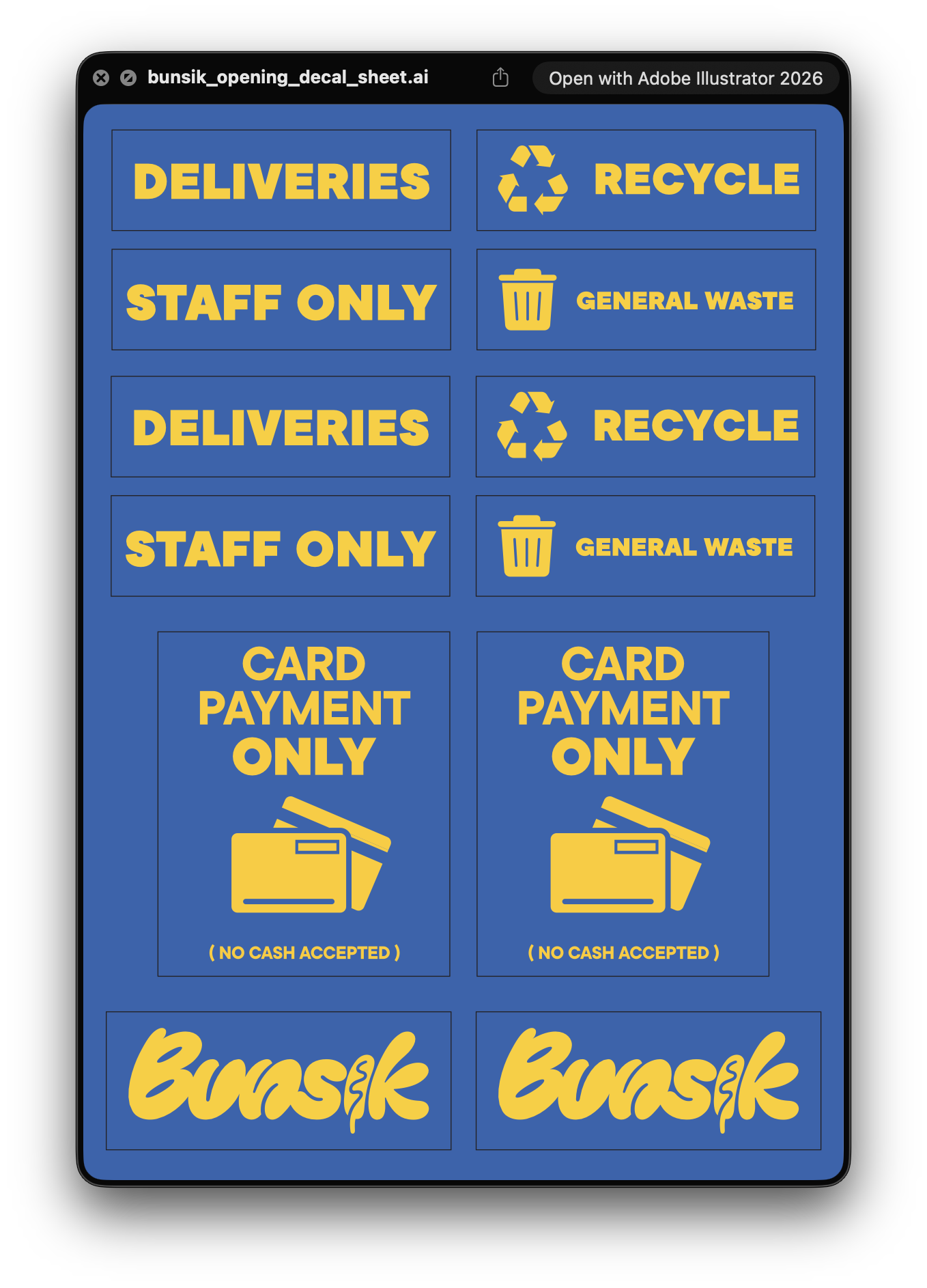 Print-ready decal sheet grouping frequently used signs for easy deployment